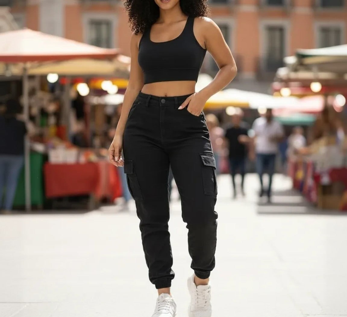Calça Cargo Jogger Jeans Feminina Cintura Alta 9 cores