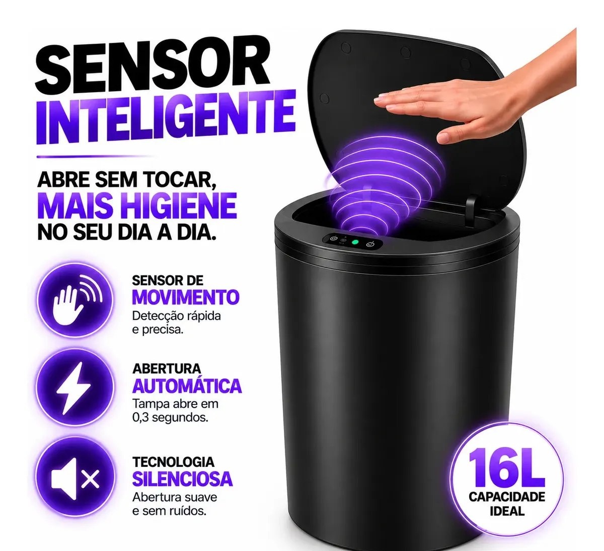 Lixeira Inteligente Automática Redonda Recarregável USBC Sensor para Cozinha Banheiro Escritório