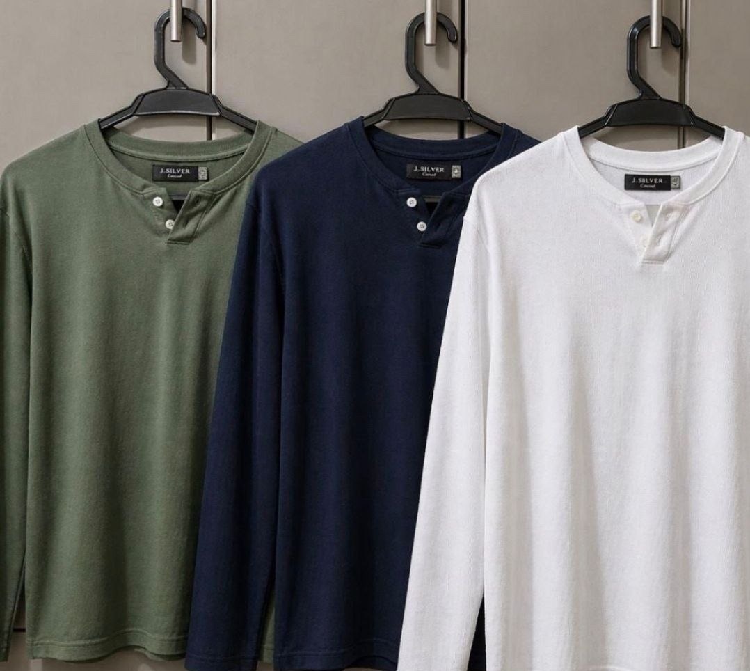 Kit com 3 Camisetas Henley Slim 2 Botões Manga Longa