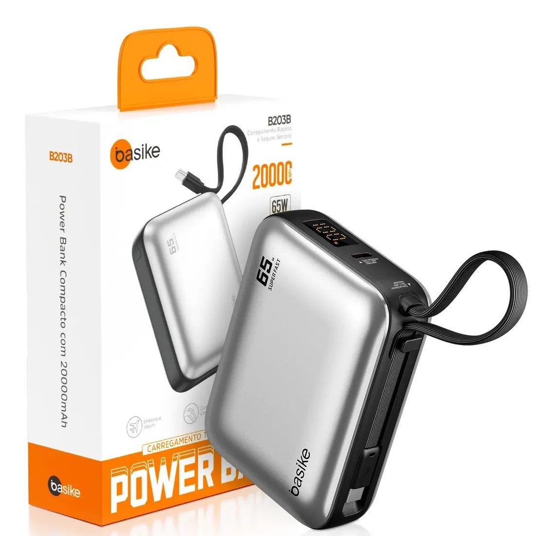 Power Bank Basike 20000mAh para Notebook e Celular com Cabo USB-C 65W