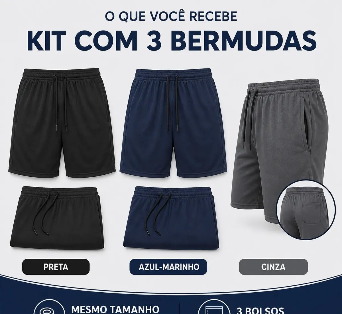 Kit 3 Shorts Bermuda Masculina Tactel Com Elastano Academia
