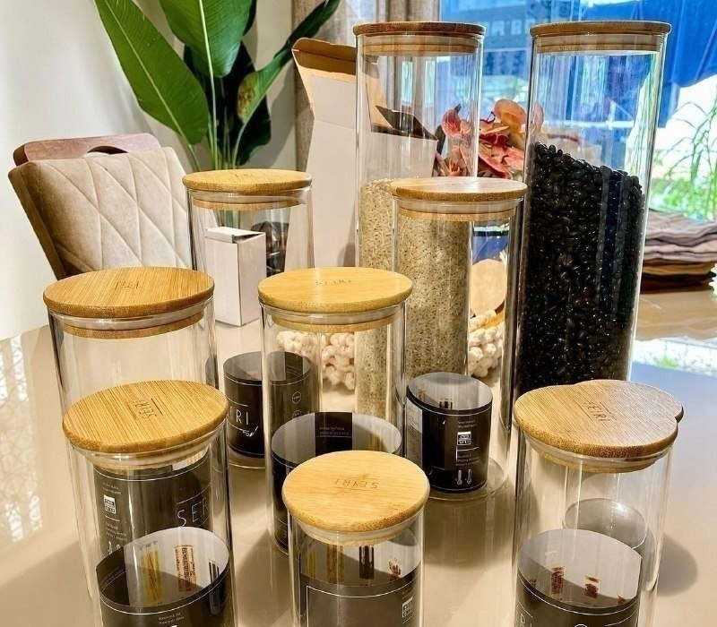 Kit com 9 Potes Mantimentos Vidro Herméticos com Tampa Bambu