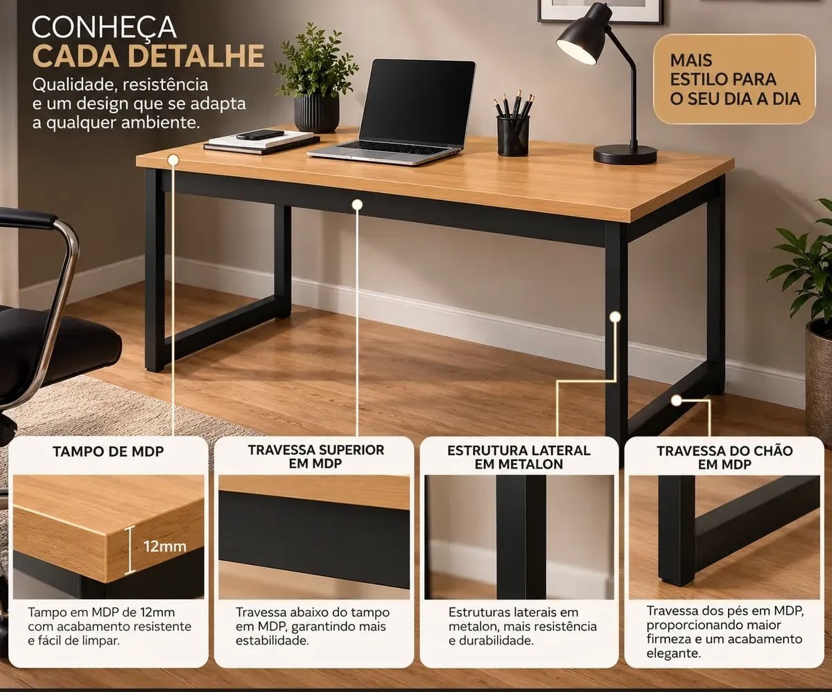 Mesa Escritório Industrial 150x60 Reforçado Ferro Homeoffice