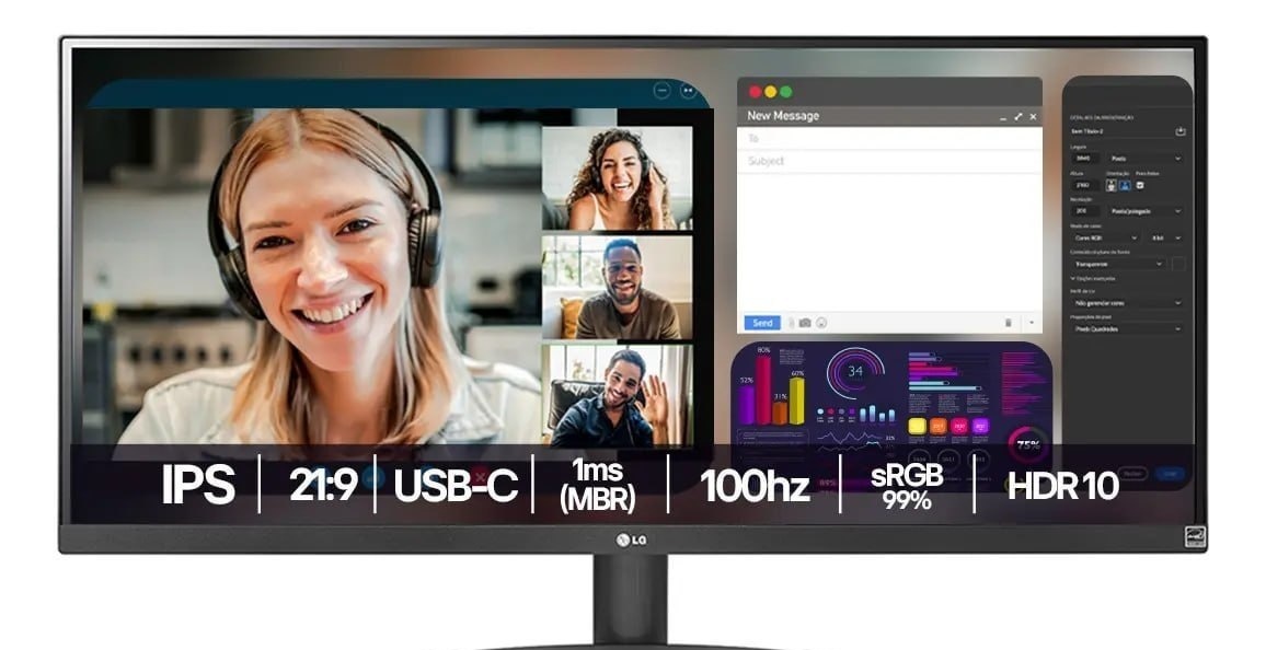Monitor LG UltraWide - Tela IPS de 29, 219, HDR10, sRGB 99, 100Hz, Preto- 29WQ500B