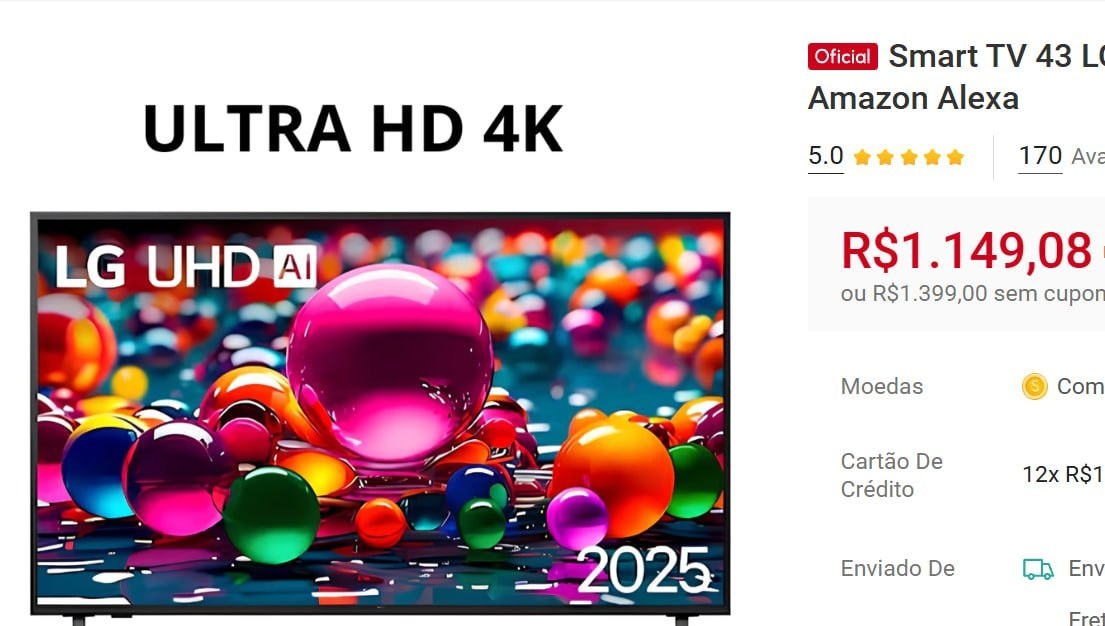 Smart TV 43 LG LED 4K UHD com ThinQ AI, Google Assistente e Amazon Alexa