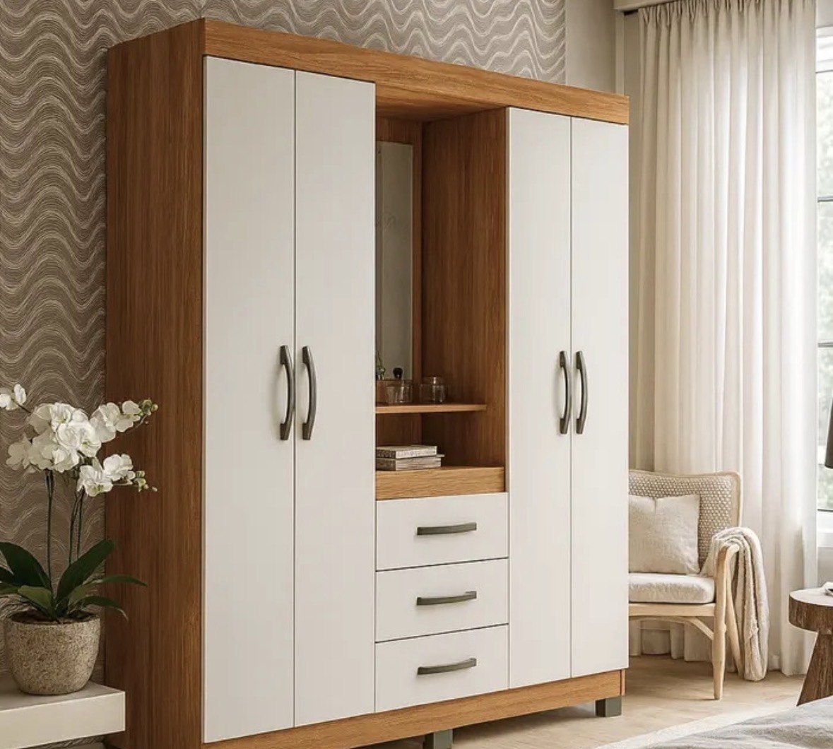 Guarda Roupa Casal 4 Portas Roupeiro Com Gavetas E Espelho Cor Freijó Com Off White