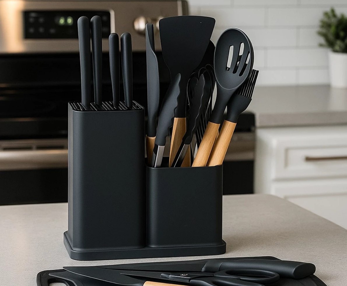 Kit Cozinha 19 Peças Silicone Antiaderente Facas Inox