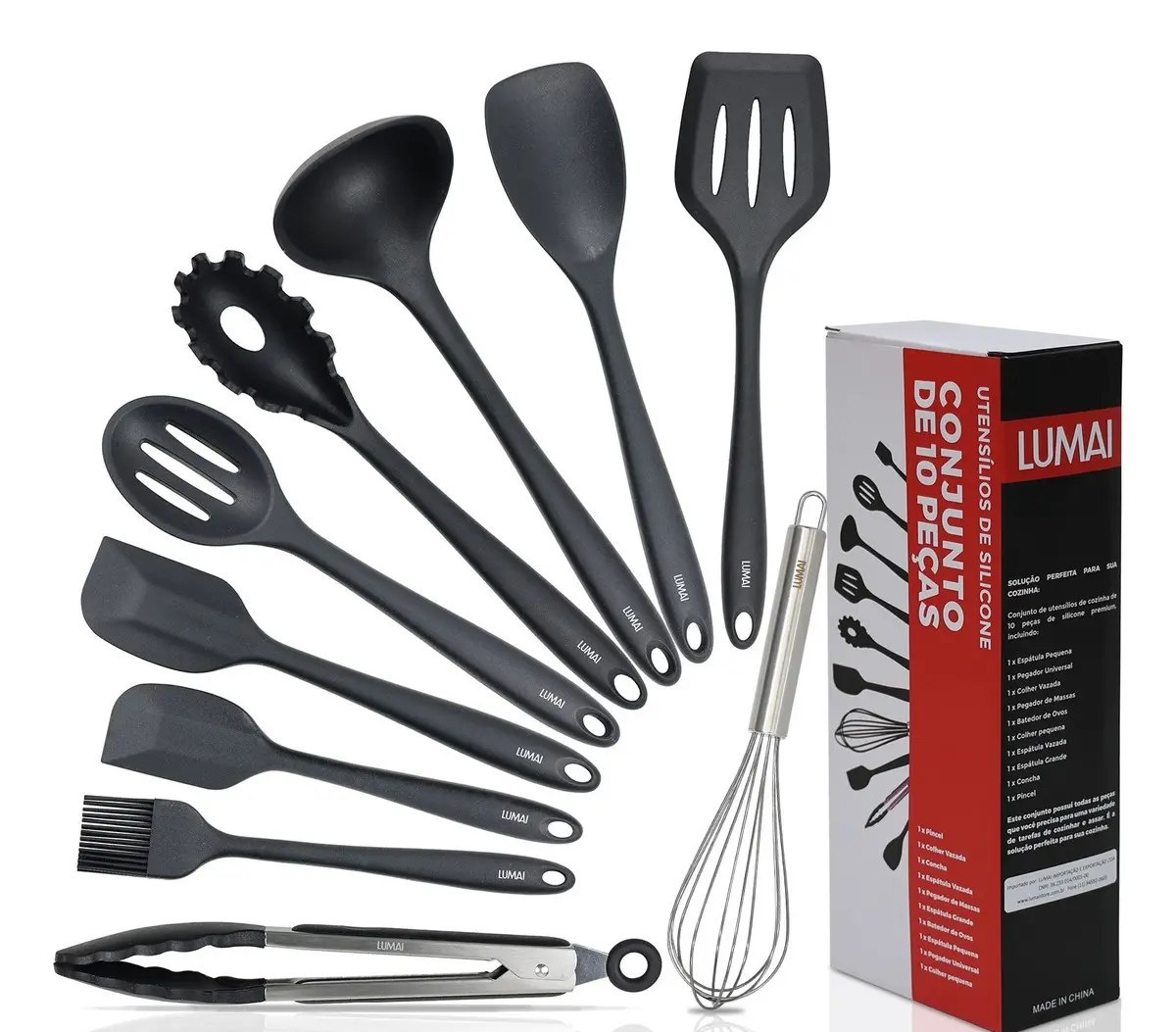 Lumai Kit de Utensilios de Cozinha de Silicone Maciço Miami Premium - Conjunto com 10 Peças Livre de BPA - Jogo com Espatulas Pegador Conchas Colheres Batedor de Ovos - Tamanho Grande e Pegada Firme