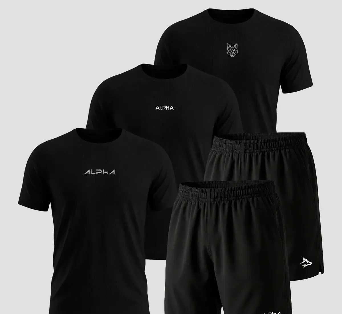 Kit 5 Peças All Black Dry 3 Camisetas E 2 Bermudas Alpha
