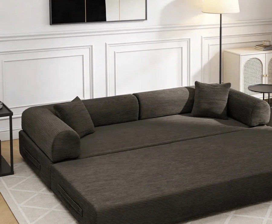Sofá Cama Modular para 3 Pessoas, Veludo Cotelê e Cama Auxiliar, Marrom