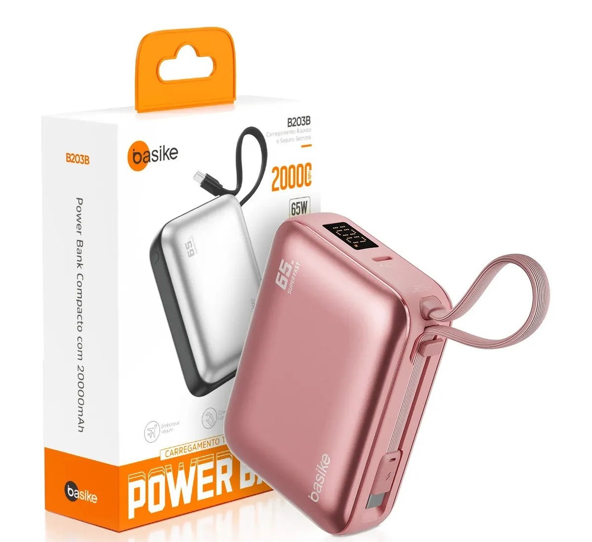 Power Bank Basike 20000mAh para Notebook e Celular com Cabo USB-C 65W Rosa