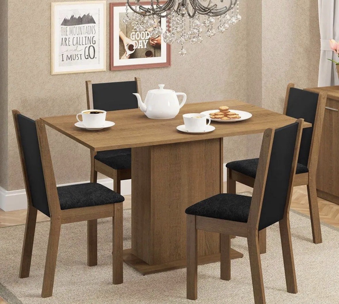 Sala De Jantar Madesa Talita Mesa Tampo Madeira 4 Cadeiras Cor RusticPretoOxford Desenho do tecido das cadeiras Liso
