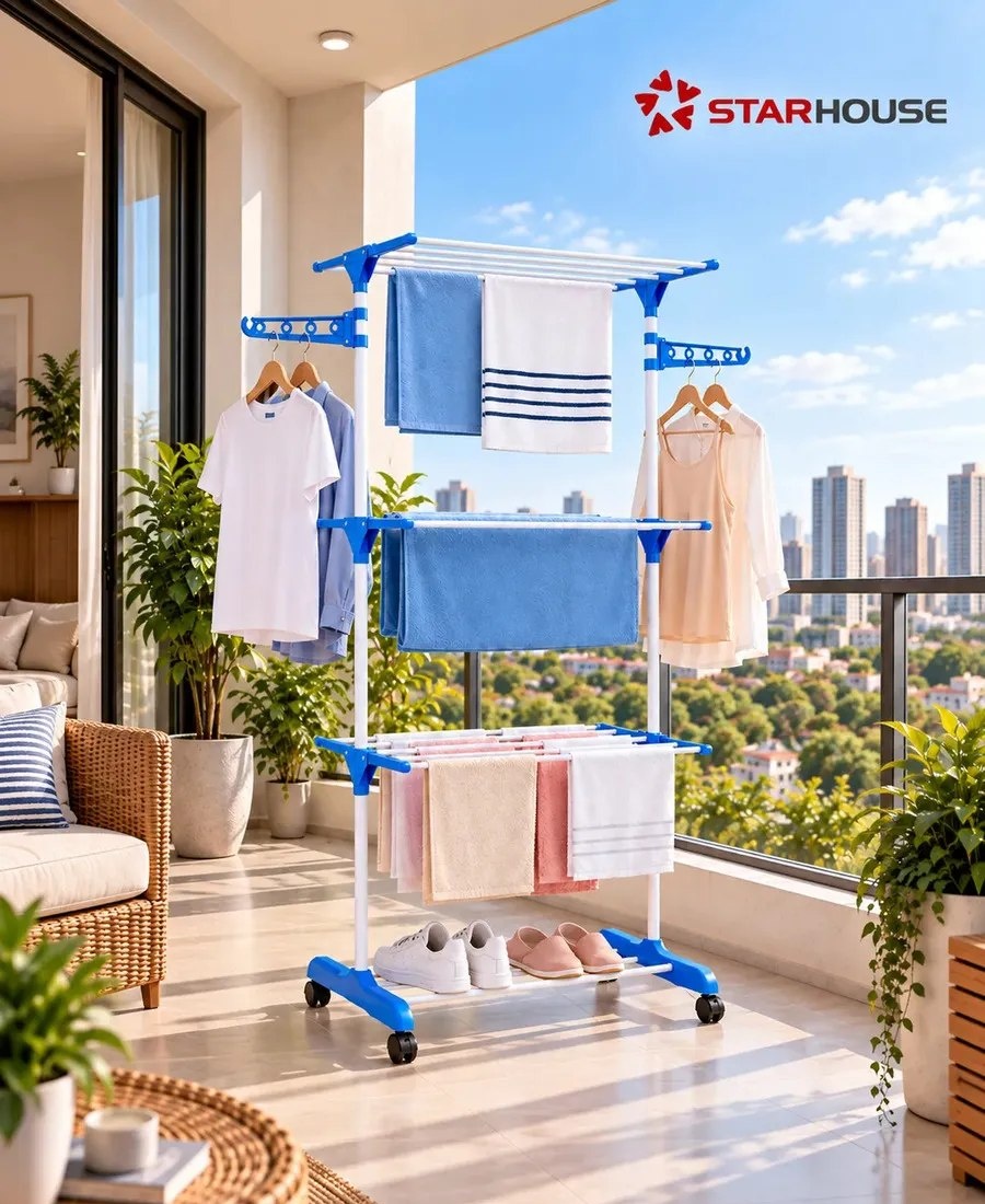 Varal Dobrável De Chão Vertical 3 Andares De Roupas Grande com Rodinha Resistente até 40kg Durável StarHouse