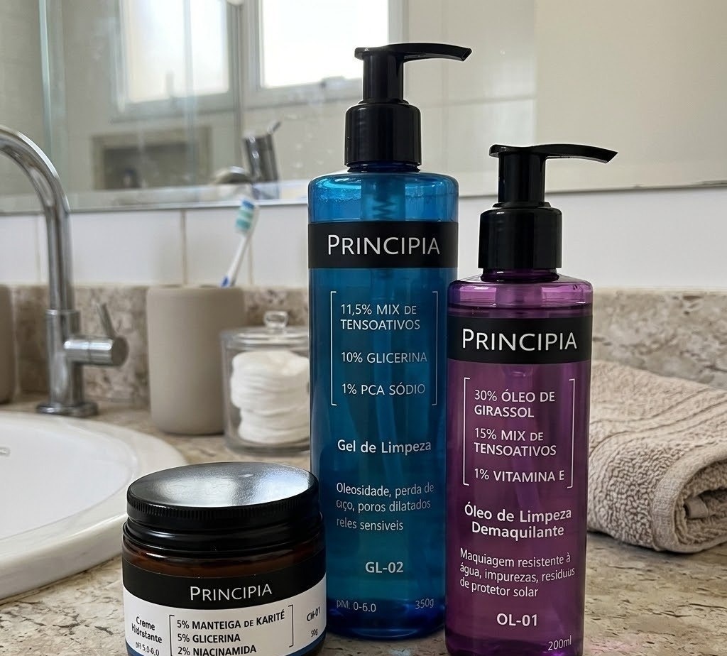 Kit Limpeza e Hidratação Principia Creme Hidratante CH-01, Gel de Limpeza GL-02, Óleo de Limpeza OL-01