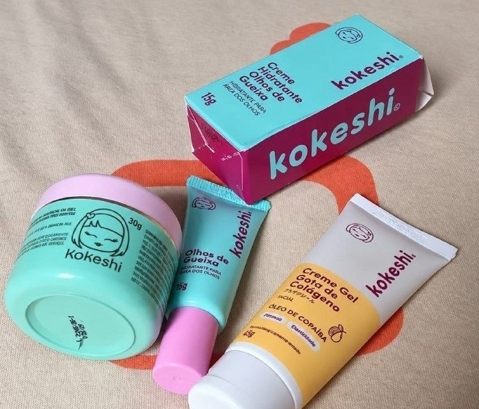 Kit Facial Kokeshi Completo 3 Passos Olhos de Gueixa 15g  Pele de Porcelana 30g  Gota de Colágeno 45g