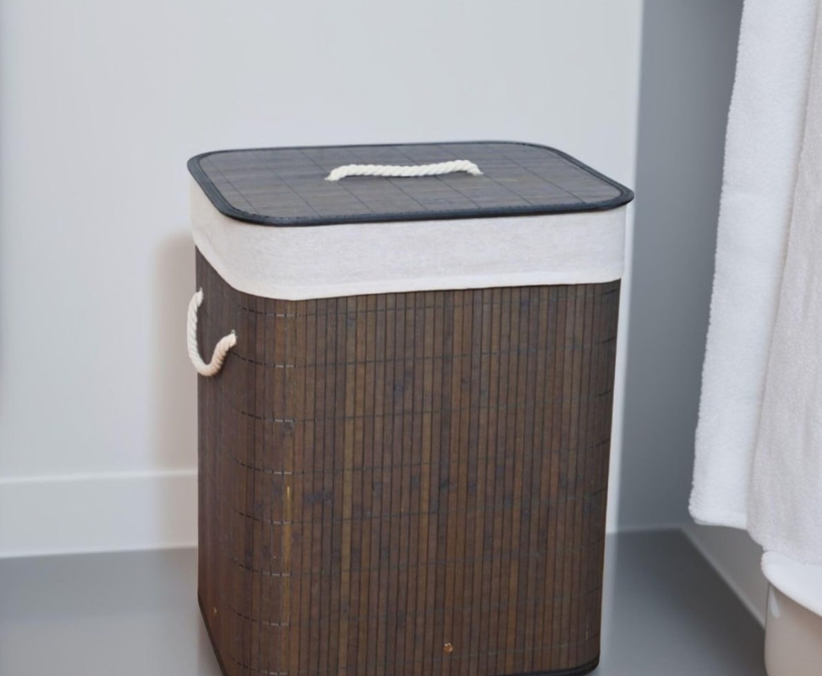 Cesto de Roupa Forrado com Alças em Bambu com Tampa