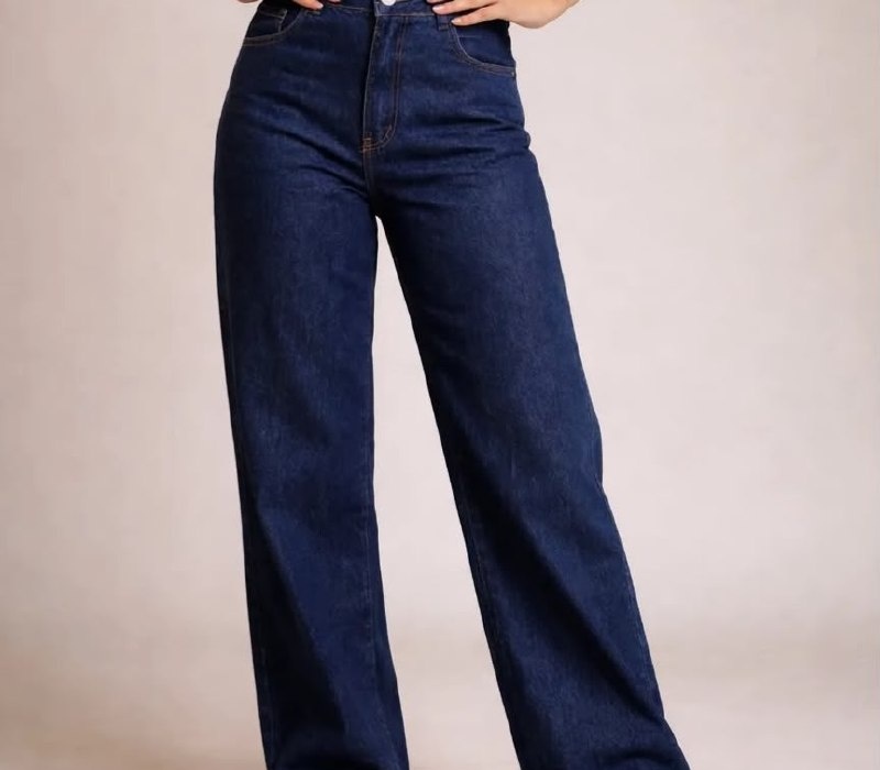 Calça Cargo Feminina Wide Leg Cintura Alta Jeans
