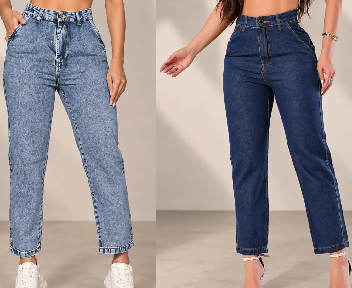 Calça Jeans Mom Feminina Cintura Alta Reta Barra Soltinha 2 Cores
