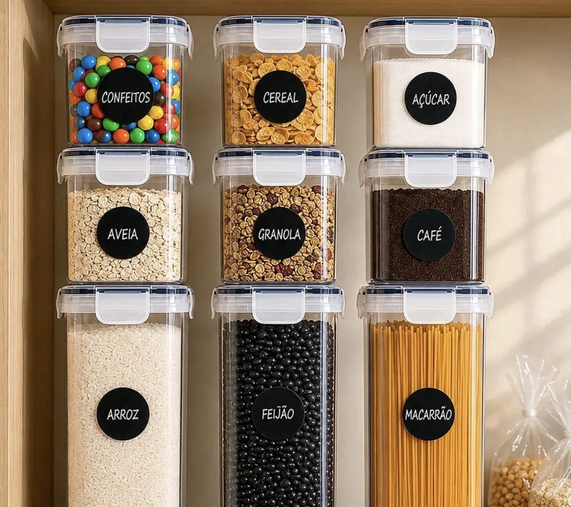 Kit 15 Potes Herméticos para Mantimentos com Tampa Etiquetas e Colheres Medidoras