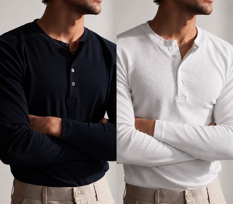 Kit com 2 Camisetas Henley Slim 4 Botões Manga Longa