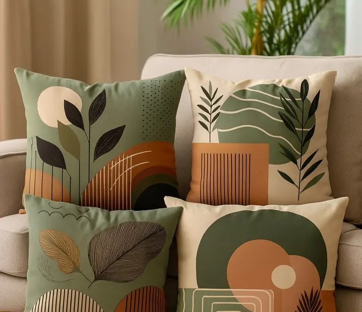 Kit 4 Capas De Almofadas Moderna 45x45 - Floral Verde E Bege