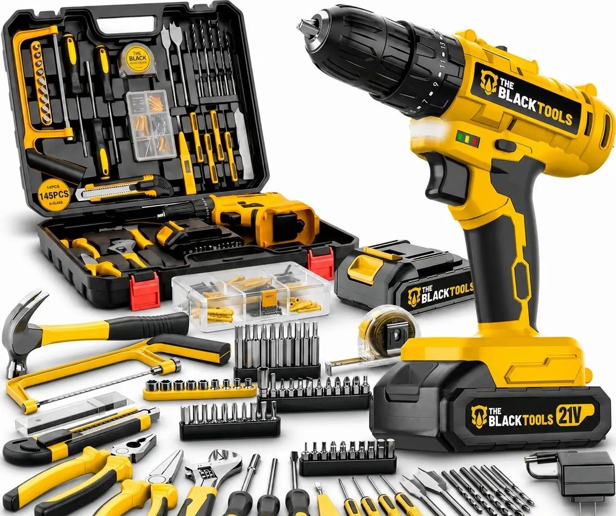 Parafusadeira Furadeira De Impacto The Black Tools Profissional Bateria 21V C Maleta  Kit Acessórios 145 Peças TBKIT23