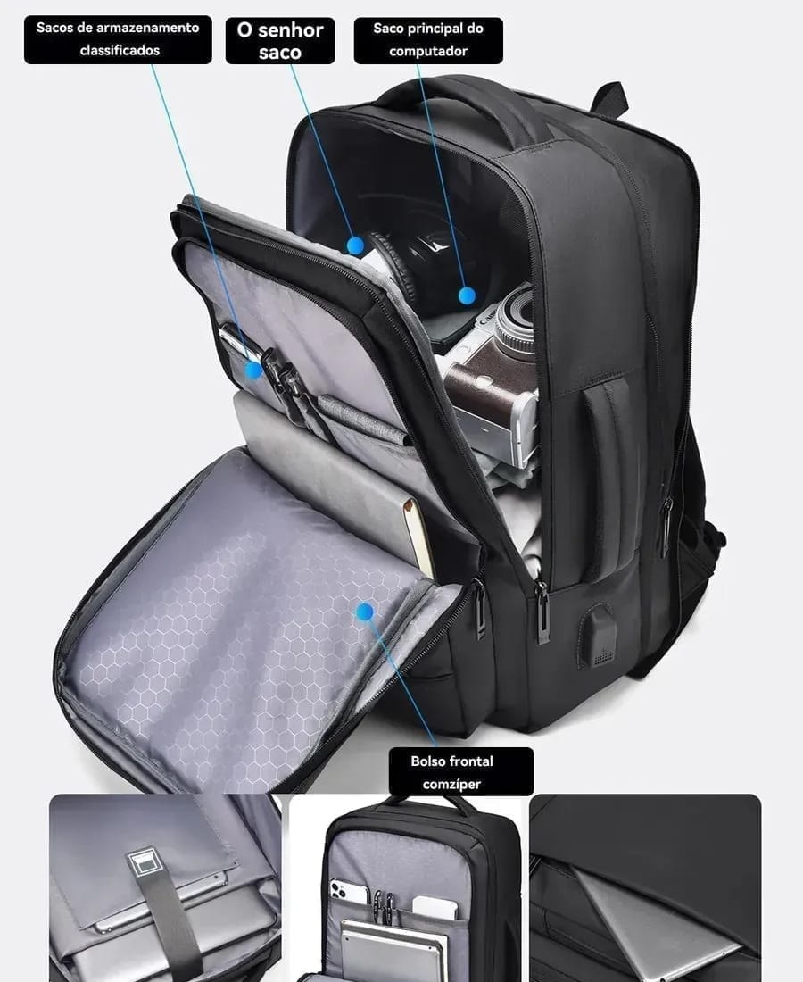 Mochila Jiesipote 9242 Prova Dágua Reforçada Expansível Cor Preto