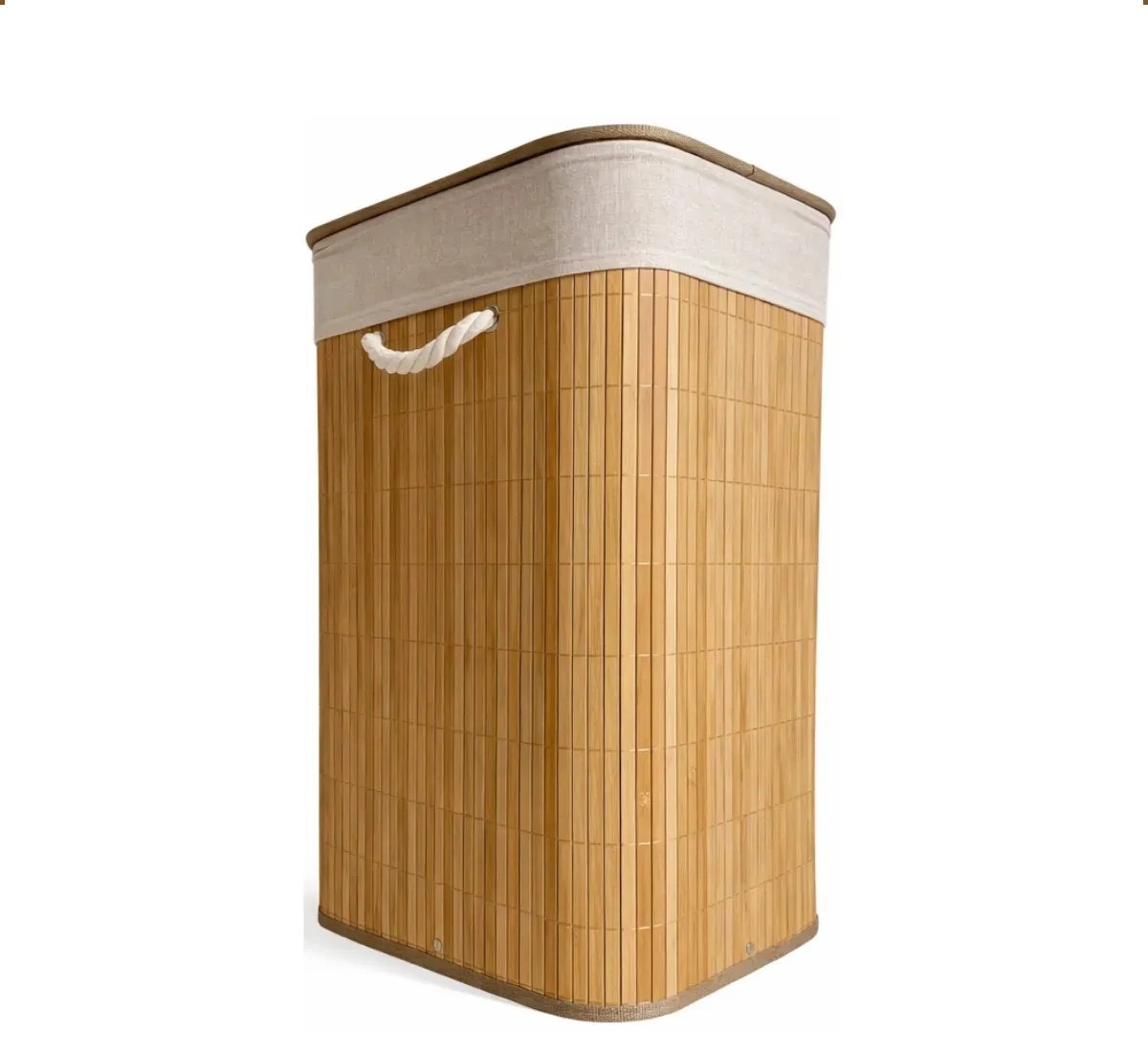 Cesto de Roupa Bambu Retangular de 72L com Tampa e Forro