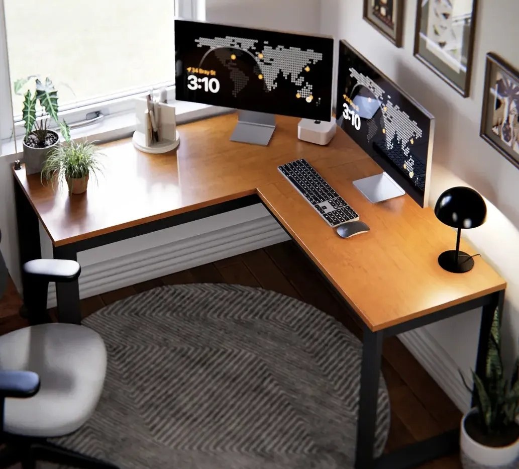 Escrivaninha Industrial em L Berlim Mesa Escritório Home Office para Estudo de Canto em MDF Cor CanelaPreto