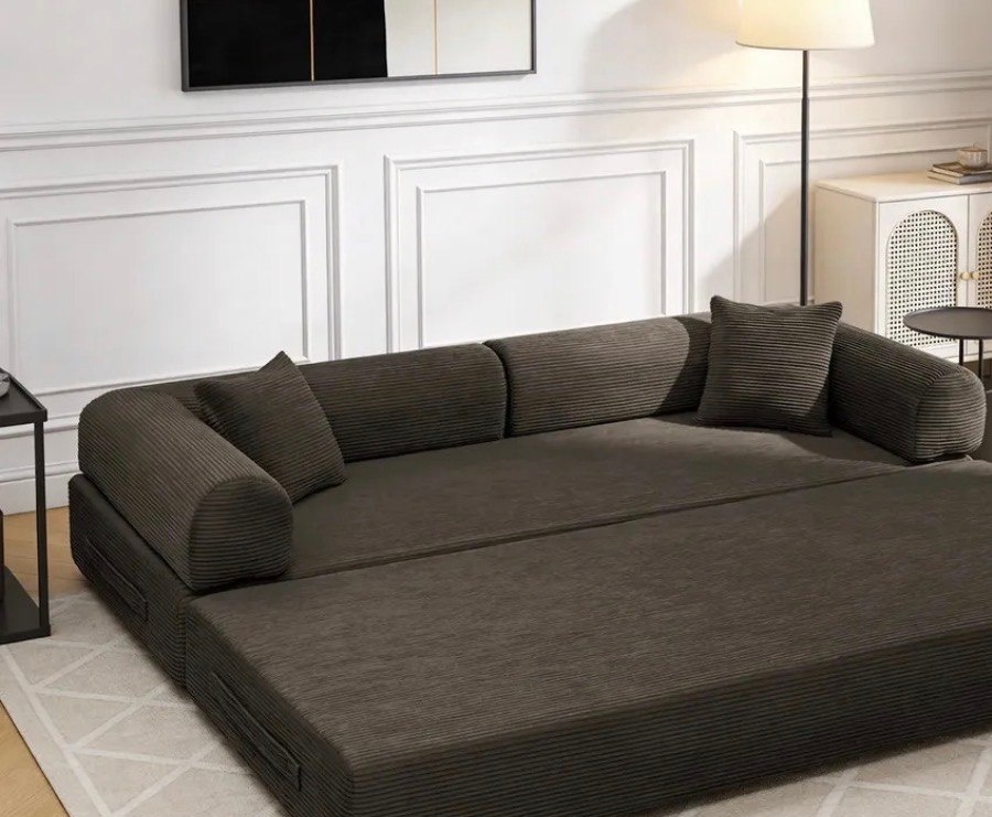 Sofá-Cama Modular para 3 Pessoas Veludo Cotelê e Cama Auxiliar Marrom