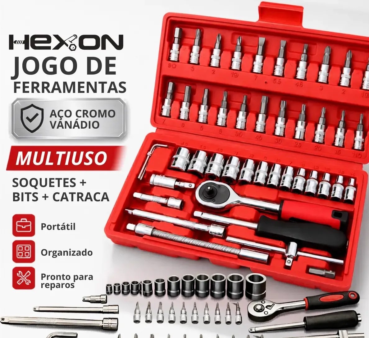 Kit Ferramentas 46 Peças com Soquetes e Chaves Hexon