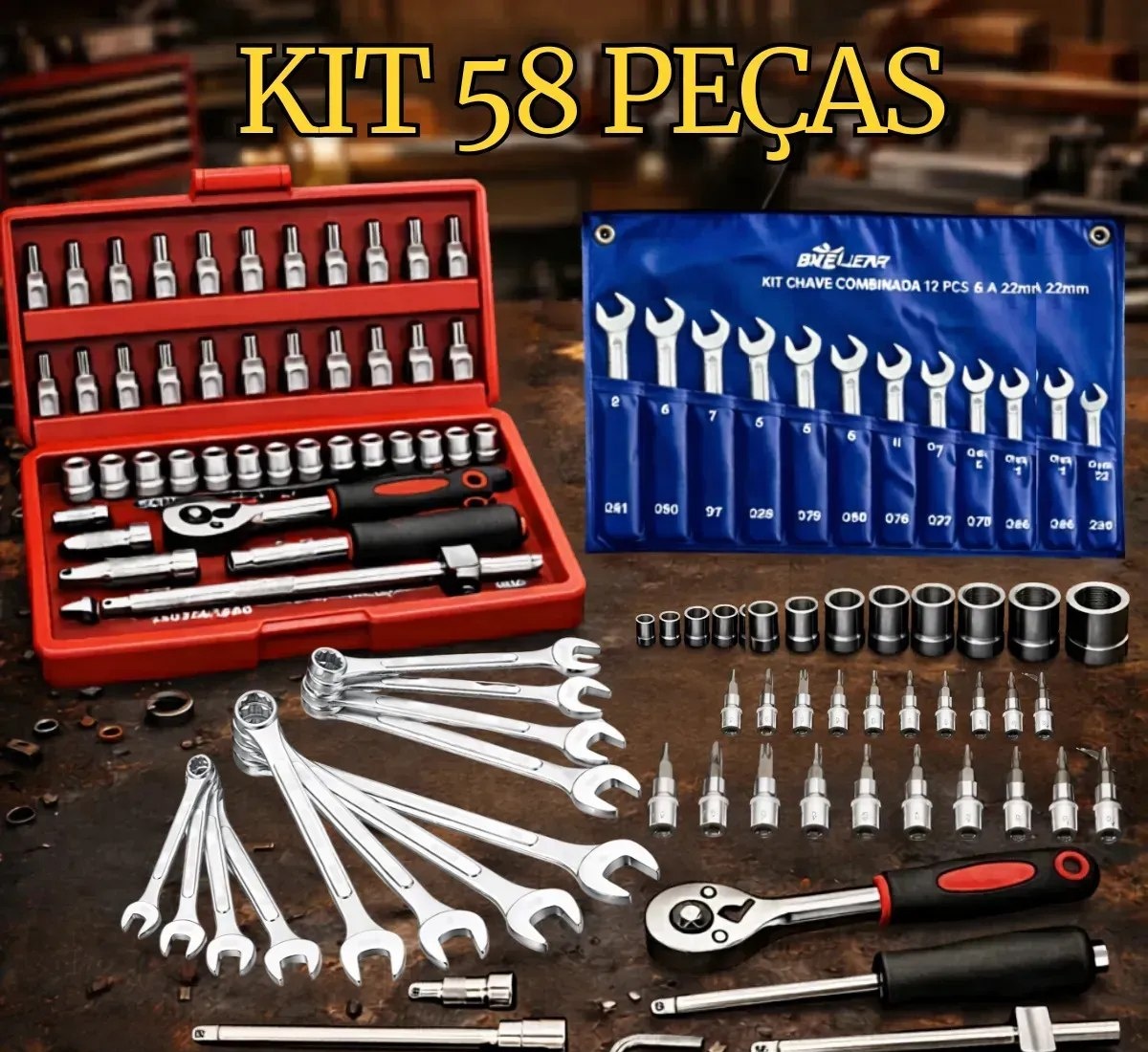 Kit Jogo de Ferramentas 58 Peças Completo Profissional Soquete 46 Peças  Chave Combinada 12 Peças