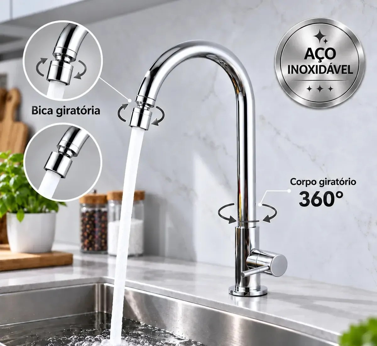 Torneira Cozinha Bancada Inox Cromada Água Fria Bica Alta e Corpo Giratórios com Arejador