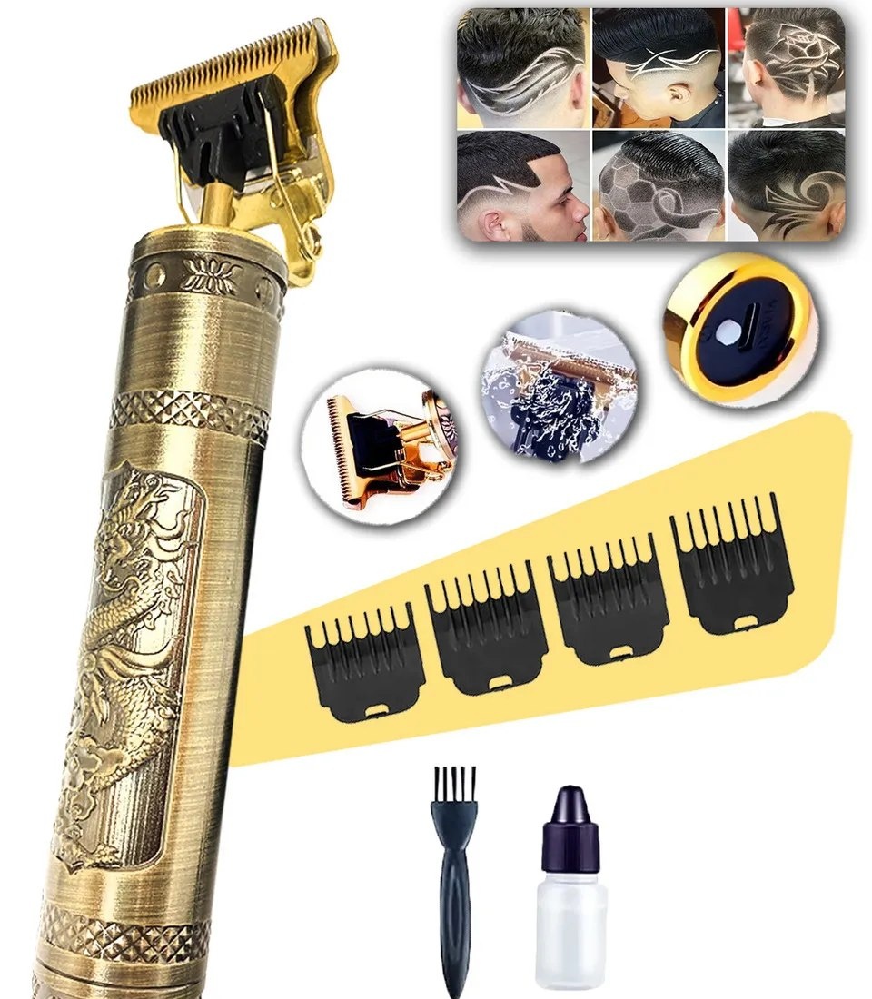 Máquina de Cortar Cabelo e Aparador de Barba Dr. Hank Dourado Lâmina T Sem Fio Recarregável USB 4 Pentes 1 ao 4 mm Motor Potente