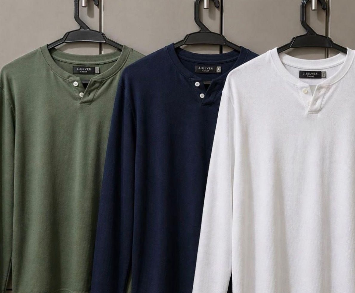 Kit 3 Camiseta Henley Slim 2 Botões Manga Longa