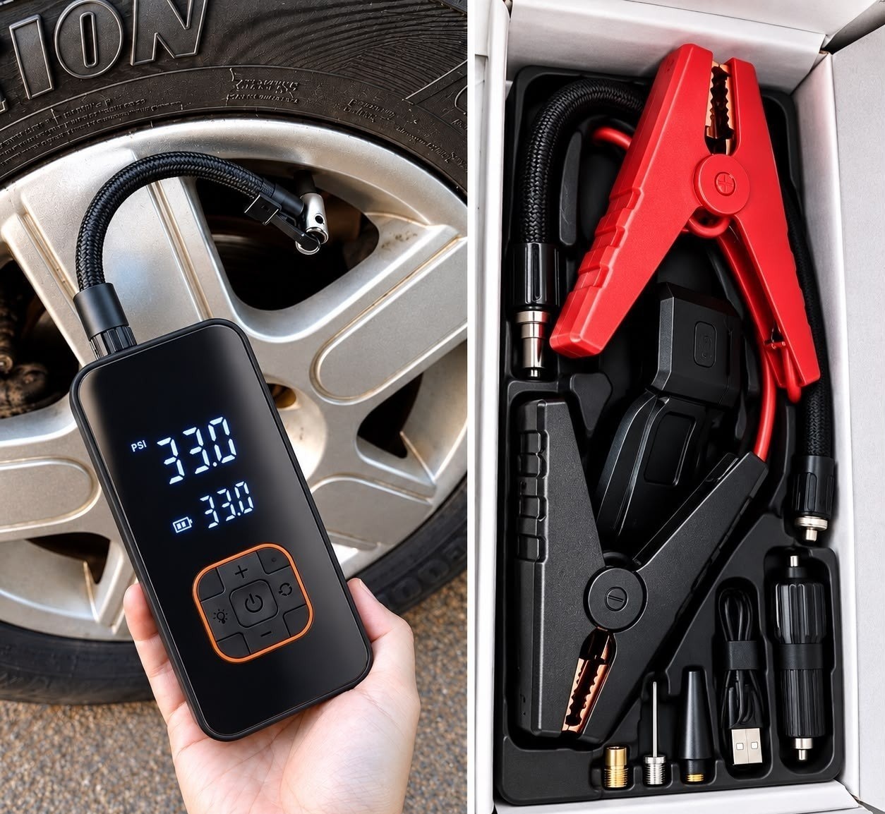 Kit Compressor de Ar Compacto 150 Psi  Auxiliar de Partida  Powerbank