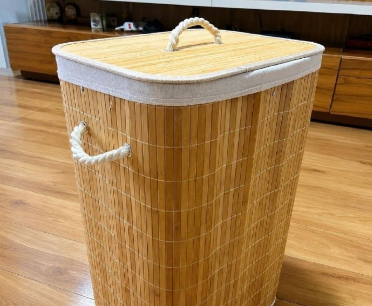 Cesto de Roupa Bambu 72L com Forro de Linho