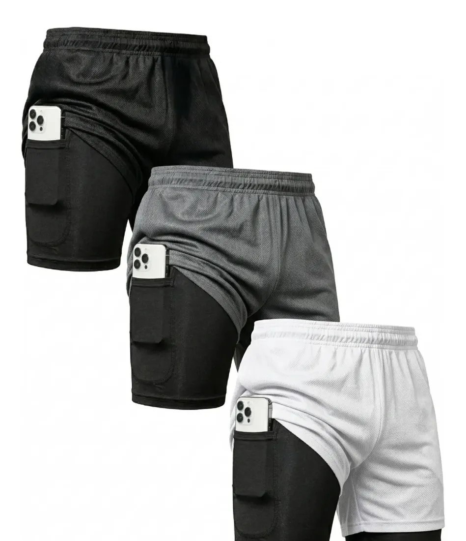 Kit 3 Shorts 2 Em 1 Duplo Bolso Para Academia Treino Corrida