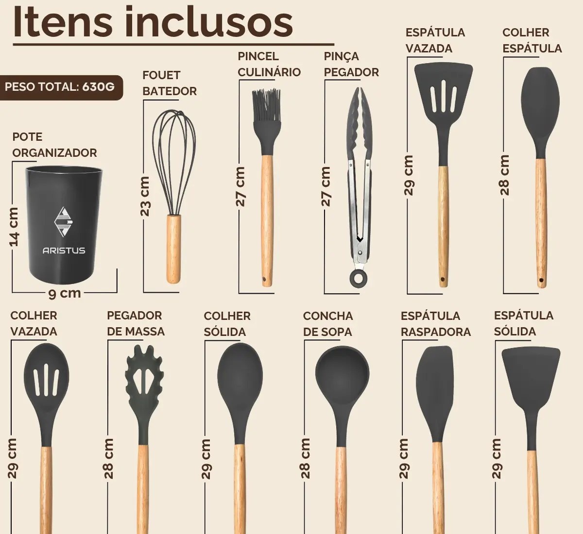 Kit C12 Utensílios De Cozinha Silicone Cabo Madeira