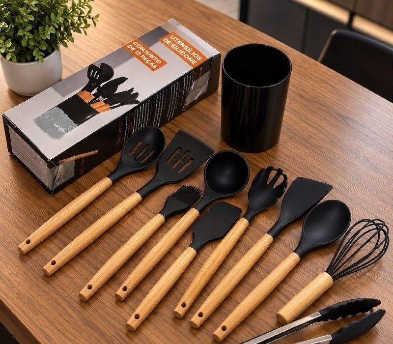 Kit com 12 Utensílios de Cozinha Silicone 5 cores