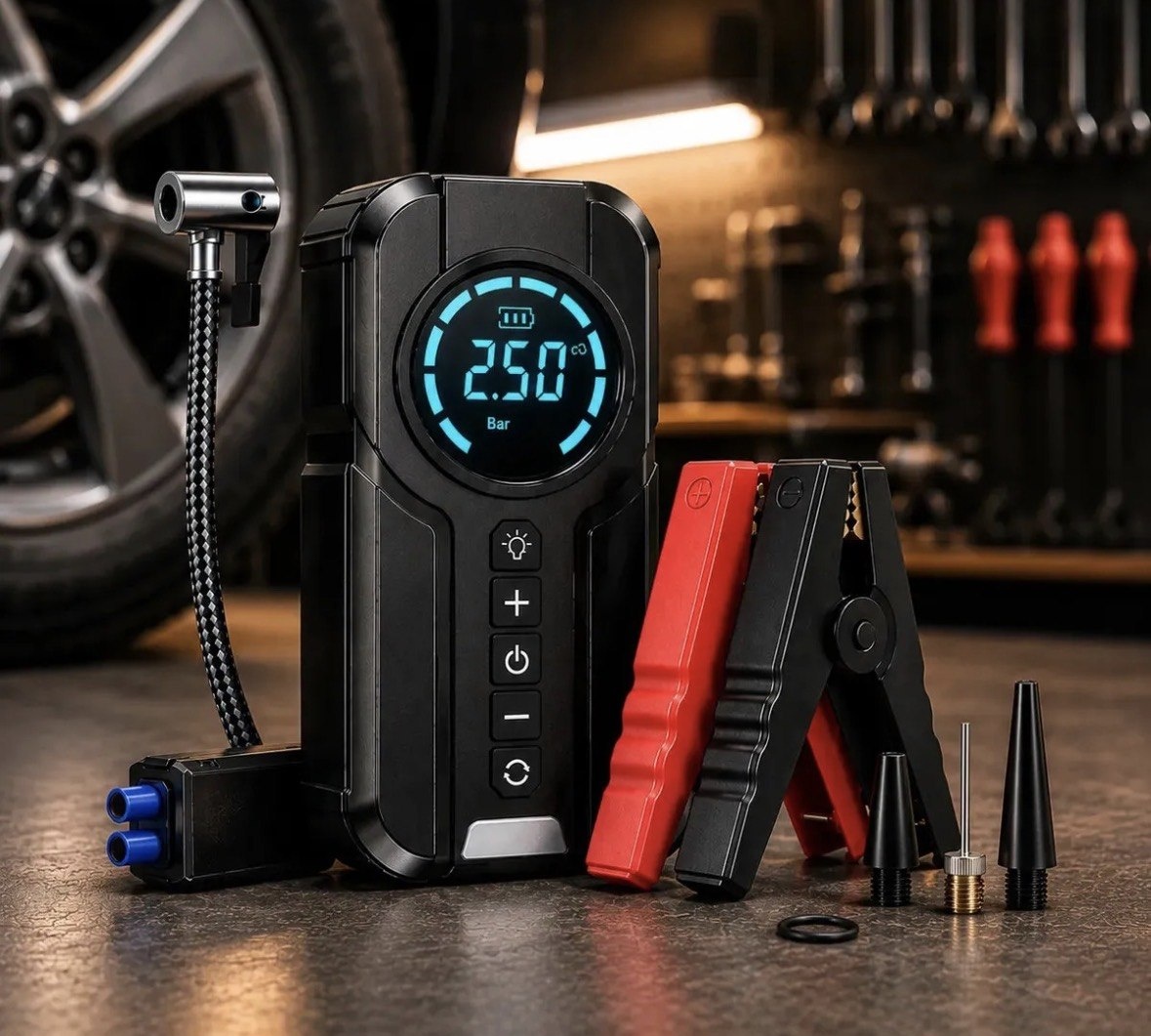 Auxiliar de Partida e Compressor de Ar Portátil 6 em 1 Inteligente para Carro, Moto e Bicicleta com Lanterna e Power Bank