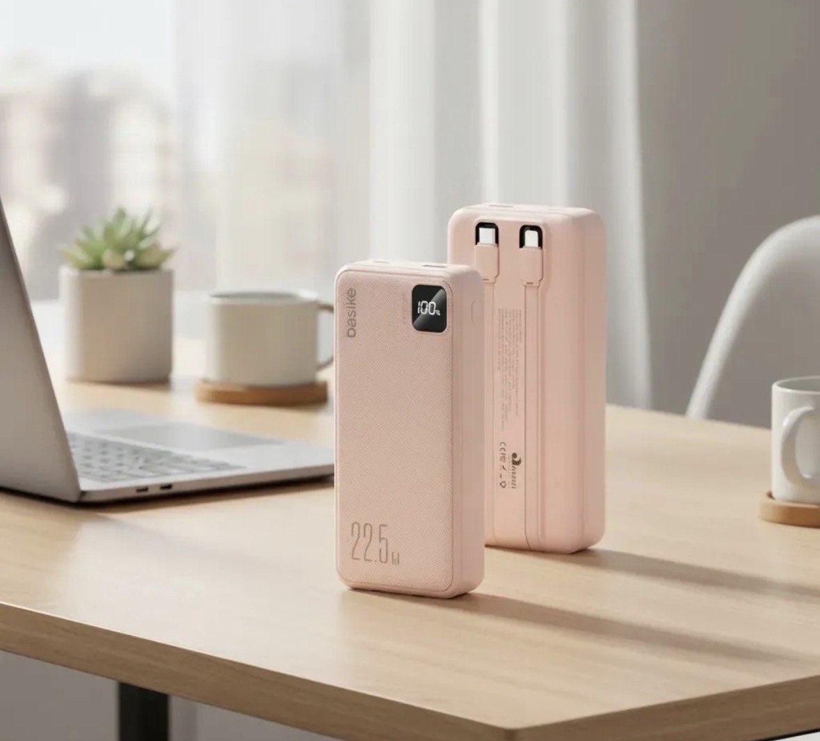 Power Bank Basike 20000mAh Rosa, Carga Rápida 22.5W para iPhone e Samsung, Com Cabos Embutidos e Display