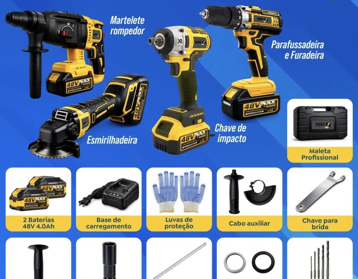 Kit Multi Ferramentas 4 Em 1 48v Sem Fio Com 2 Baterias Furadeira Parafusadeira Martelete Esmerilhadeira Chave De Impacto Com Maleta Alta Potência Uso Profissional E Doméstico Simake