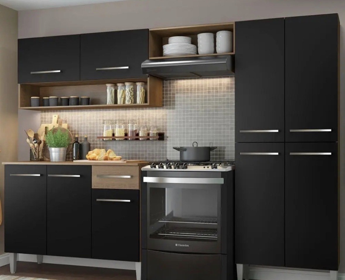 Armário de cozinha modulada completa compacta Emilly pop com armário e balcão cor rusticpreto GREM229002