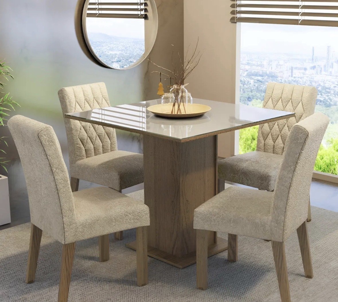 Sala Jantar Estofada Mesa Tampo Vidro 4 Cadeiras Madesa Anaju Rci Cor RusticCremaImperial MDJA0401387GSIM