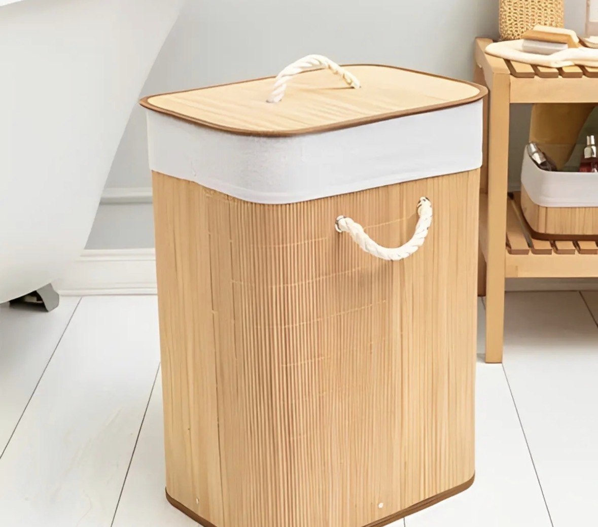 Cesto para Roupas Bambu Dobrável com Tampa Bege 60L Texfine