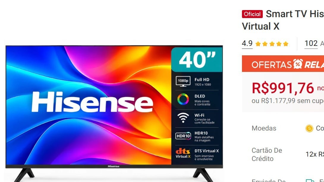 Smart TV Hisense 40 Full HD DLED Wi-Fi HDR10 40A4NV DTS Virtual X