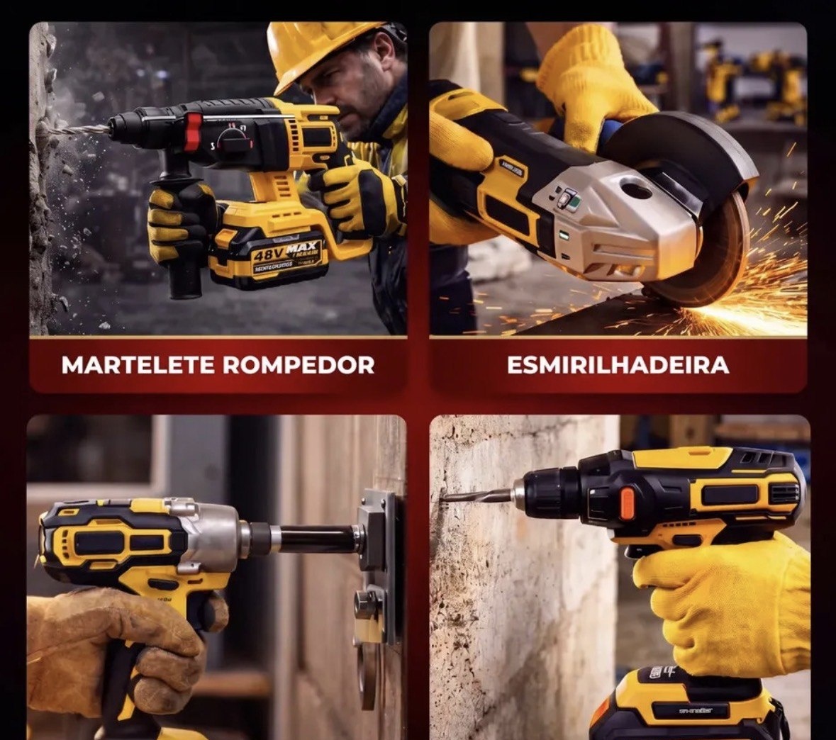 Kit Multi ferramentas 4 Em 1 48V Sem Fio Com 2 Baterias Furadeira Parafusadeira Martelete Esmerilhadeira Chave De Impacto Com Maleta Alta Potência Uso Profissional Doméstico Multiferramentas Hardline