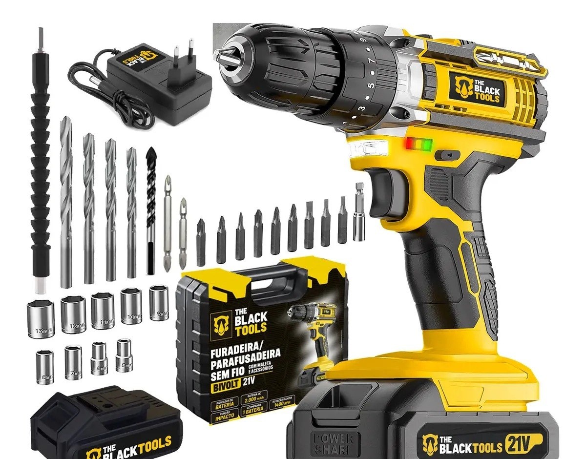 Parafusadeira E Furadeira Impacto The Black Tools 38 Cor Amarelo Frequência 5060 Hz
