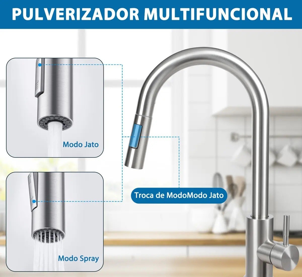 Torneira Monocomando de Cozinha Gourmet Flexível para Mesa, Aço Inoxidável Escovado Prateado